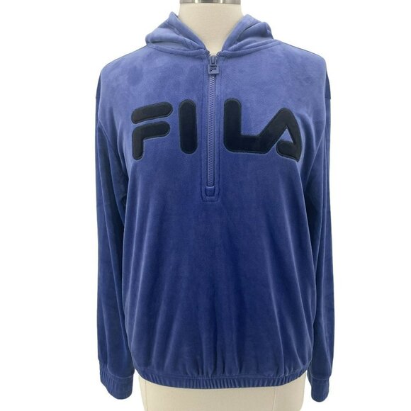 FILA Velour 1/4 Zip Blue Logo Hoodie Womens Medium - Picture 1 of 8